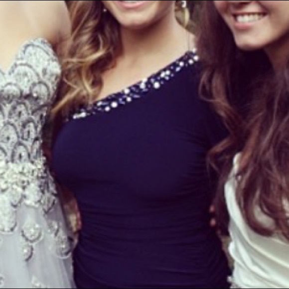 Fitted Navy One Shoulder Dress with Beading - Picture 2 of 4